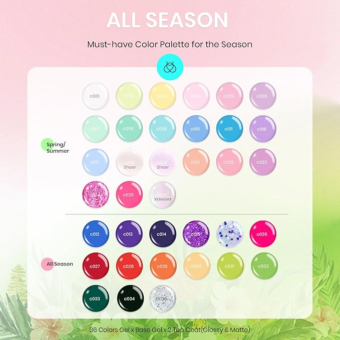 beetles Gel Polish Nail Set 36 Colors Floral Rhapsody Collection Pastel Bright Girly Sparkle Glitter Polish with 3Pcs Base Matte & Glossy Top Soak off Uv Lamp All Seasons Gifts for Her