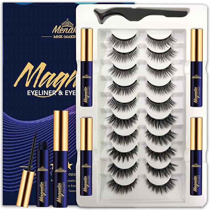 Menaka Magnetic Eyelashes Magnetic Lashes with Eyeliner,Magnetic Lashes Natural Looking,10 Pairs Reusable Magnetic Eyelashes kit,False Eyelashes,Cruel