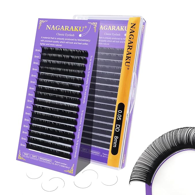 NAGARAKU Eyelash Extensions Individual Lashes Extensions Classic Lash Matte Black 16 Rows Soft Natural Matte Black Professional Beauty Salon Lash Supplies -0.05DD 8mm