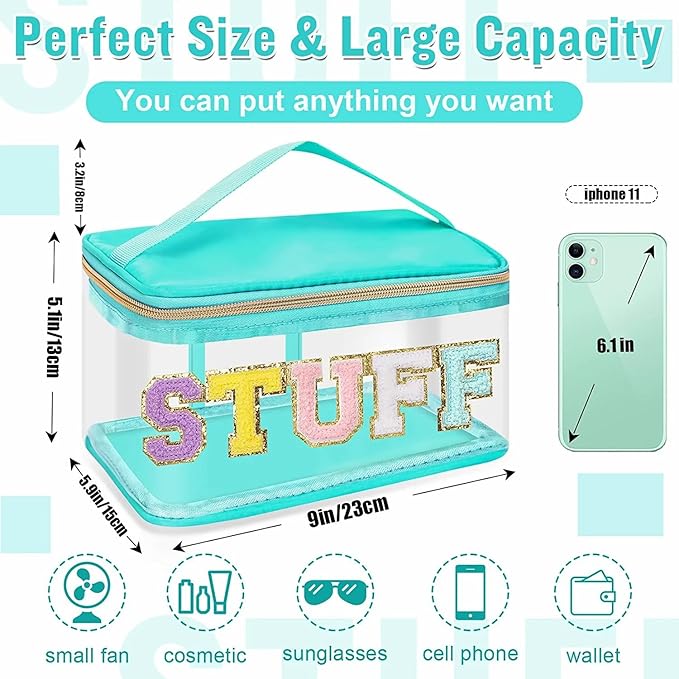 2 Pack Chenille Letter Clear Makeup Bags Stuff Pouch, Preppy Patch Makeup Bag Zipper with Handle, Pink Stuff Bags for Travel Nylon Waterproof Glitter Cosmetic Toiletry Storage for Women(Pink+Green)