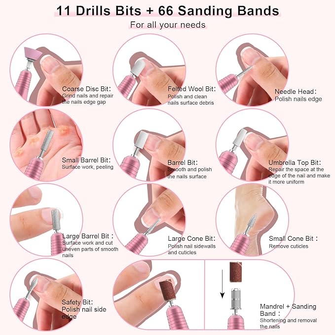 PELCAS Cordless Electric Nail Drill, Professional Portable Manicure Nail Drill Kit 20000RPM Rechargeable 5 Adjustable Speeds LCD Display 11 Attachments for Acrylic Nails, Polishing, Nail Art