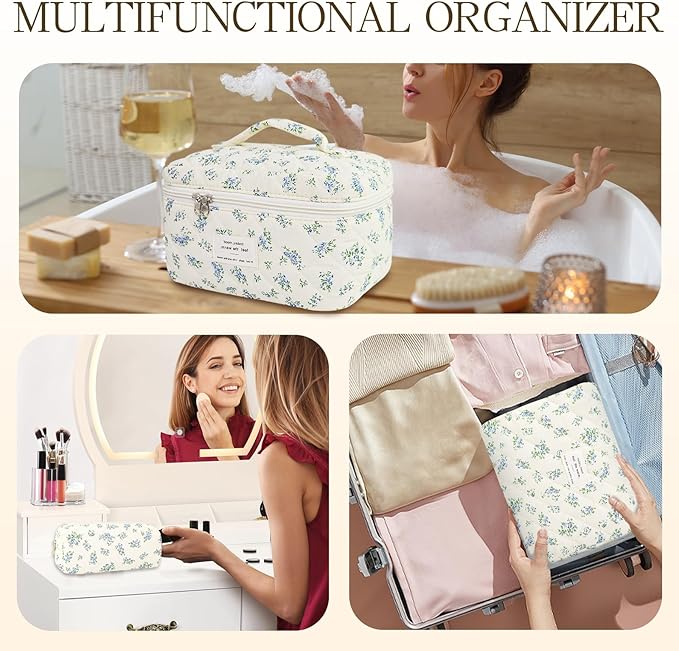 Makeup Bag, 3 PCS Quilted Makeup Bag, Cute Floral Cotton Cosmetic Bag set, Coquette Makeup Pouch Large Travel Toiletry Bag