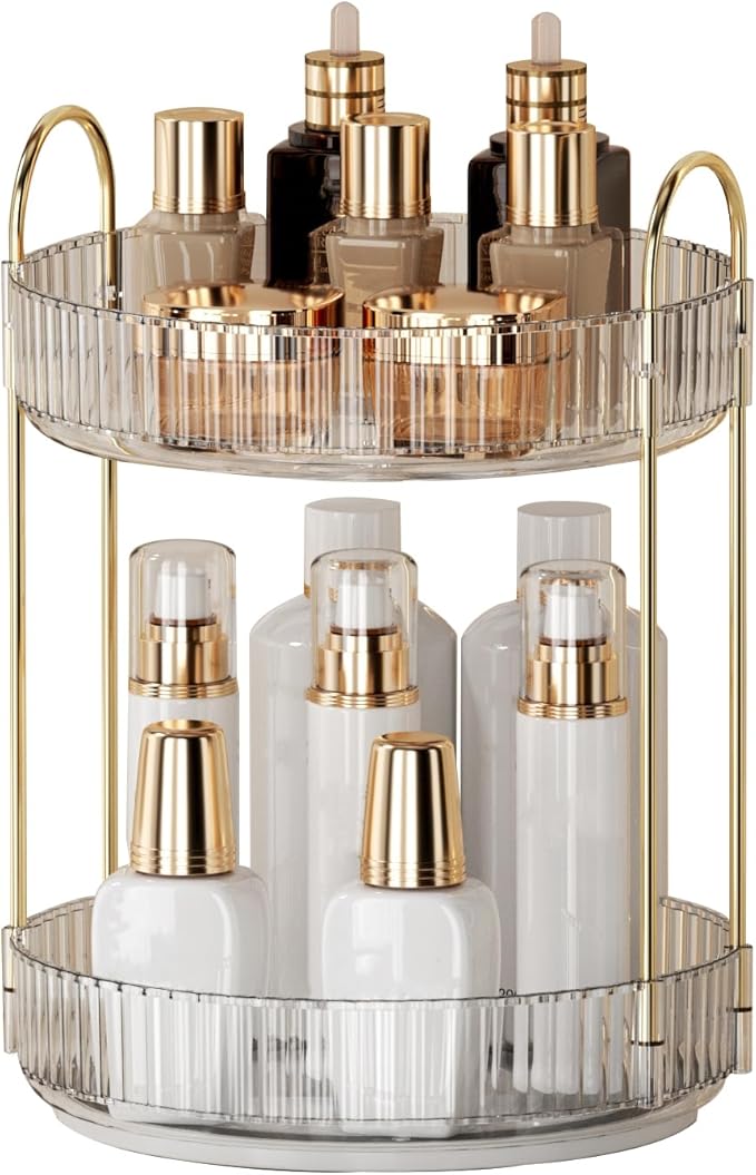 360° Rotating Makeup Organizer for Vanity - 2 Tier Perfume Organizer with Large Capacity - Skincare Organizer for Bathroom Counter - Space-Saving Cosmetic Storage for Dresser Countertop (Clear)