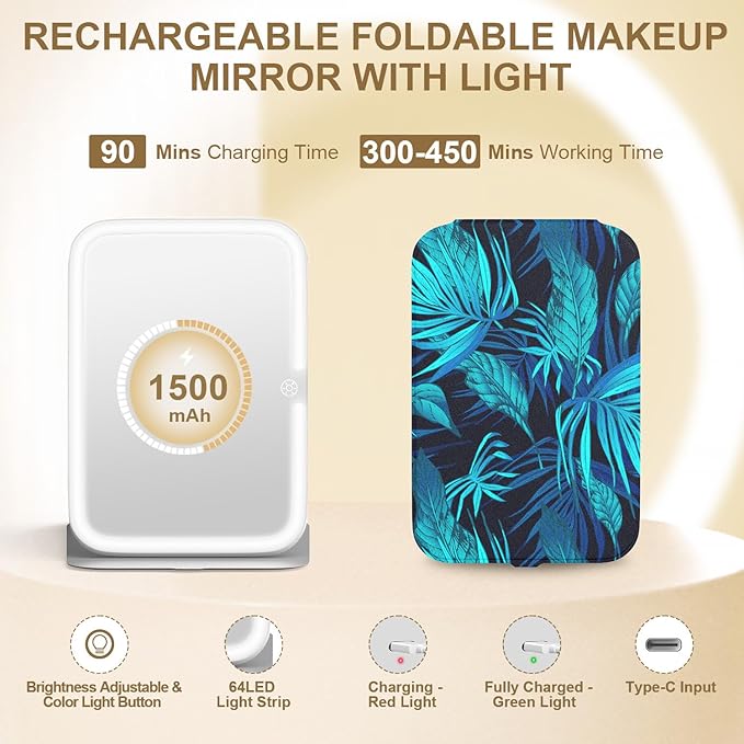 Mocado Travel Makeup Mirro with Lights, 360° Rotation Lighted Makeup Mirror, Portable Mirror with 10x Magnification, 3 Color Lightings, Dimmable Touch Screen, Tabletop Light up Mirror(Blue Leaves)