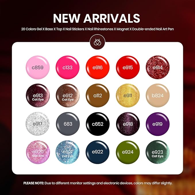 Beetles Gel Polish Kit, Cat Eye Glitter 20 Colors Spring Summer Gel Polish With Sticker Rainbow Rhinestone Base Coat Glossy & Matte Top Coat Mob Wife Collection All Seasons Gifts for Women