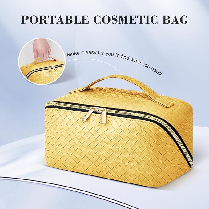 Travel Makeup Bag: Large Capacity Cosmetic Bag for Women, Portable PU Leather Waterproof Stuff Bag With Handle and Divider Flat Lay Makeup Pouch Toiletry Bag Birthday Gift for Women - Yellow
