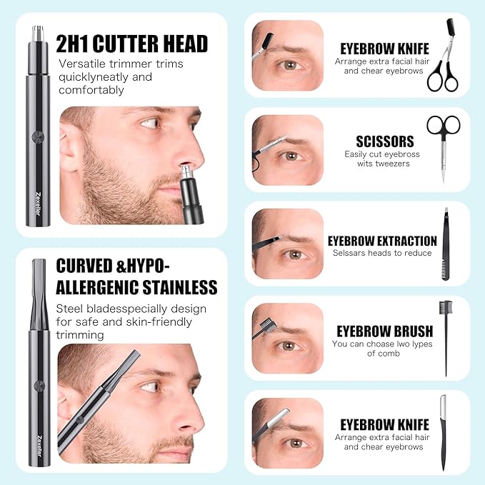 Nose & Eyebrow Trimmer,Eyebrow Trimmer Kit, Eyebrow Grooming Set,Eyebrow Grooming Scissors, Electric Eyebrow Razor, 9 in 1 Eyebrow Scissors, Tweezer, Eyebrow Razor, Shaping Scissors & Brush