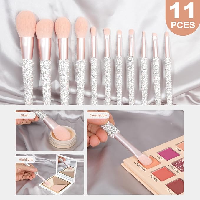 Professional Makeup Brushes Set 11PCS Bling Rhinestone Face Cosmetics Blending Liquid Foundation Powder Concealer Eye Shadows Make Up Beauty Tool Glitter (White)