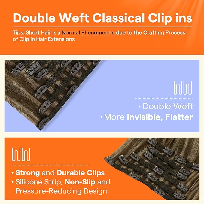 Full Shine Clip in Human Hair Extensions Highlights Brown Mix Honey Blonde Remy Clip in Hair Extensions Double Weft Brazilian Hair Straight Hairpiece Thick Ends 20 Inch 7 Pcs 120 G