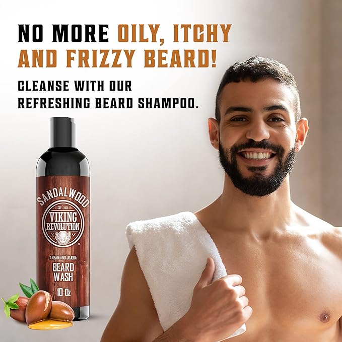 Viking Revolution Beard Wash & Beard Conditioner Set w/Argan & Jojoba Oils - Softens & Strengthens - Natural Sandalwood Scent - Beard Shampoo w/Beard Oil (10oz)