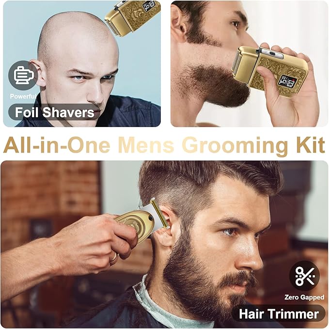 GEC Professional Men's Electric Razor & Barber Kit - Cordless Foil Shaver, Titanium T-Blades, 3-in-1 Multifunctional Trimmer for Beard, Hair, & Body Grooming – Travel-Friendly with Built-in Battery