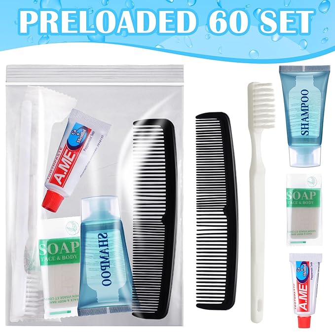 60 Pcs Basic Toiletry Set Homeless Hygiene Kits Homeless Care Package Supplies Travel Toiletry Bulk for Men Women Charity Reusable Supplies