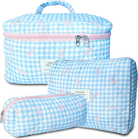 3Pcs Makeup Bag Cotton Quilted Travel Cosmetic Bag Cute Floral Makeup Pouch Large Toiletry Bag for Women Girls (Plaid Bow-Blue)