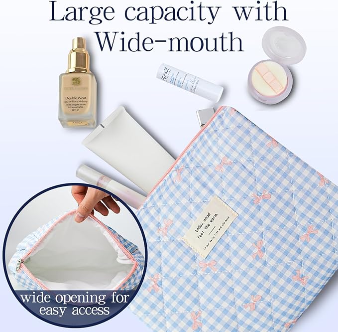 Makeup Bag, 3 PCS Quilted Makeup Bag, Cute Floral Cotton Cosmetic Bag set, Coquette Makeup Pouch Large Travel Toiletry Bag