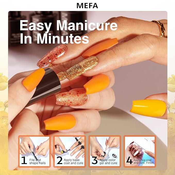 MEFA 6 Colors Gel Nail Polish Set, Shades Orange Red Brown Glitter Yellow Soak Off Gel Polish Spring Summer Tones Nail Art Design Salon Home Manicure Kit Gifts