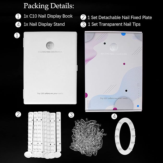 Nail Color Display Book Nail Swatch, C10 Plastic Nail Sample Display Book Nail Gel Color Card Book with Transparent Replacement Nails, No Need Pasting, No Need Glue (C10)