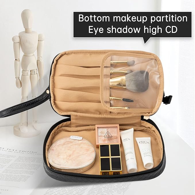 Abiudeng Large Capacity Makeup Bag Ladies Cosmetic Bag Travel Bag with Compartments Portable PU Leather Travel Makeup Bag with Handle