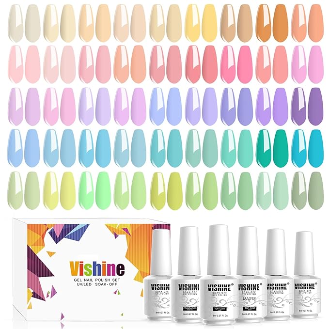 Vishine 48Pcs Pastel Gel Nail Polish Kit with Gel Base Top Coat Macaron Colors Collection Bright Uv Gel Nail Art Solid Colors Decorations for Women Girls Christmas Gift