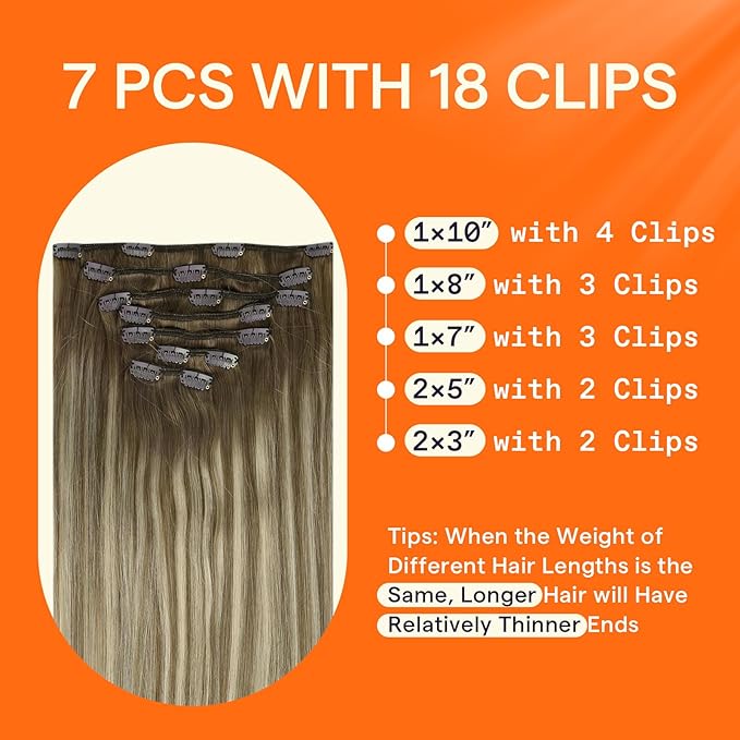 Full Shine Remy Clip in Hair Extensions Chestnut Brown to Blonde Highlights 6/60/6 Real Hair Clip in Extensions 7 Pcs Double Weft Human Hair Extension 16 Inch 120 G