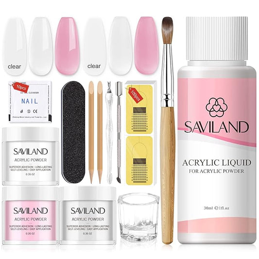 SAVILAND Acrylic Nail Kit for Beginners: White Pink Clear Acrylic Powder and Liquid Set with Nail Brush Forms Manicure Tools Kit with Everything for Beginners Home DIY Nail Art Salon