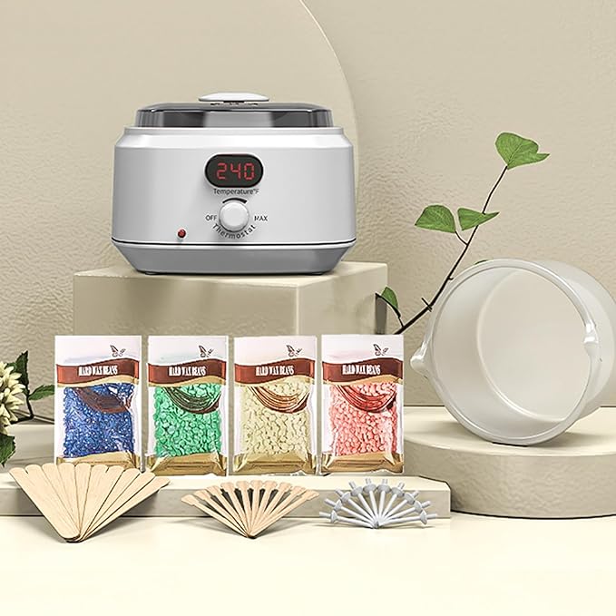 Waxing Kit for Women Men, Digital Wax Kit with Silicone Bowl & 4 Bags Hard Wax Beads, Portable Wax Warmer for Sensitive Skin Full Body Hair Removal, Brazilian Bikini, Eyebrow, Face (White)
