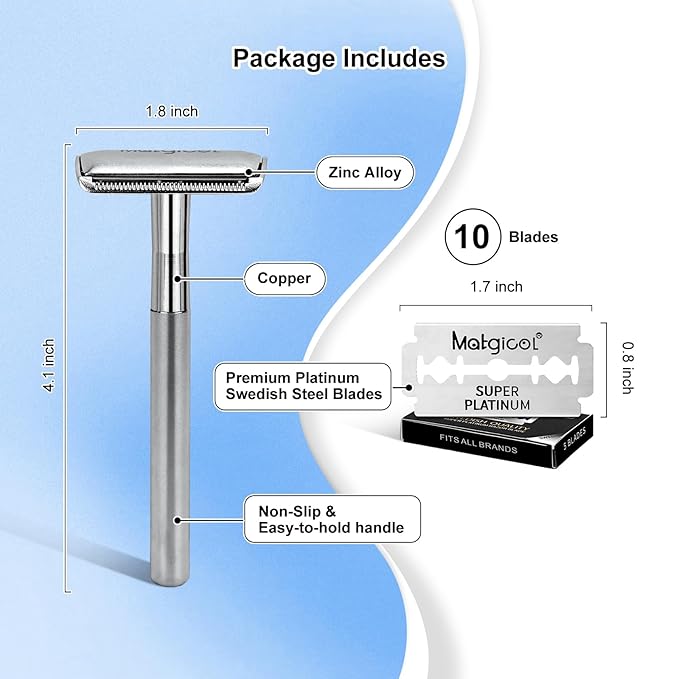 Premium Heavy-Weight Safety Razor for Men – Swedish Steel Blades, Solid Brass Long Handle Professional Close Shave, Built to Last a Lifetime (Silver)
