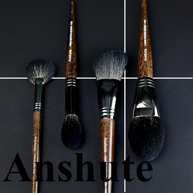 Natural Goat Hair Makeup Brushes Set of 4, Face Brushes, Professional Natural Hair Cosmetic Brushes, Beech Wood Handle. Super Soft Bristles, Variety of Brushes.