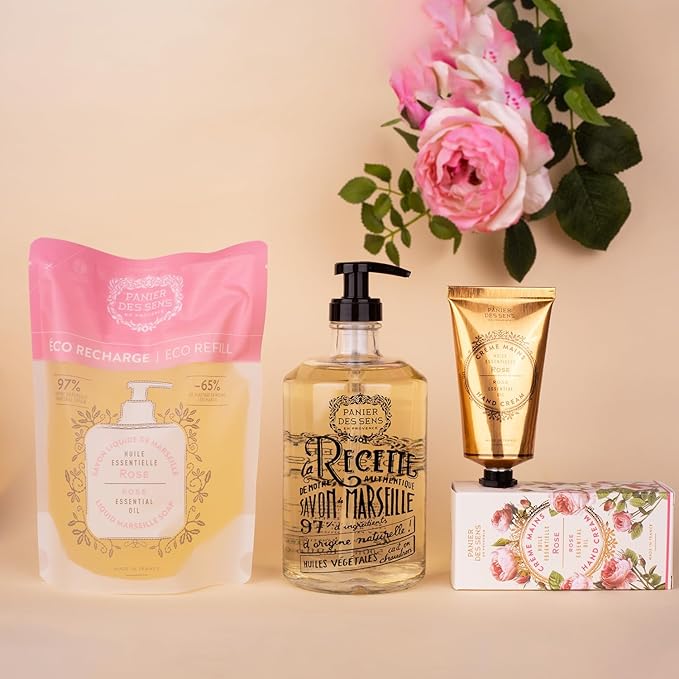 Panier des Sens Liquid Hand Soap Refills - Rose Floral Fragrance - Foaming Moisturizing Hand Soap - French Traditional Savon de Marseille for Kitchen & Bathroom - 34.4 Fl.oz Hand Wash 97% Natural