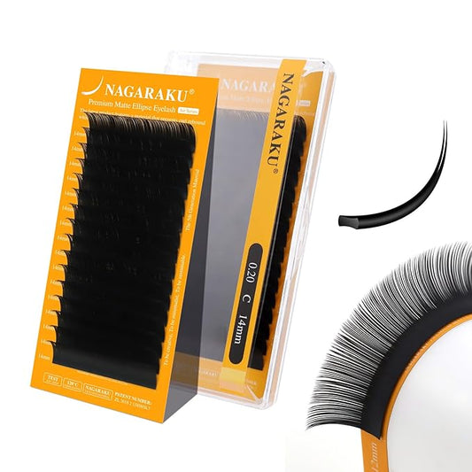 NAGARAKU Flat Ellipse Eyelash Extensions, 5TH GEN AIR SERIES Double Tips Lashes Lighter Thinner Flat Split Tips Individual Lash Matte Black Classic False Eyelashes 16 Rows -0.20 C Curl 14mm