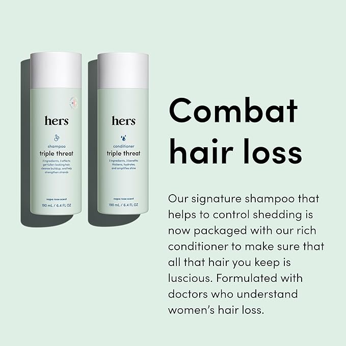 hers Triple Threat Shampoo and Conditioner Set for Women - Thickening, Moisturizing, Reduces Shedding - Color Safe Hair Loss Shampoo and Conditioner - Napa Rose - 2 x 6.4 fl oz