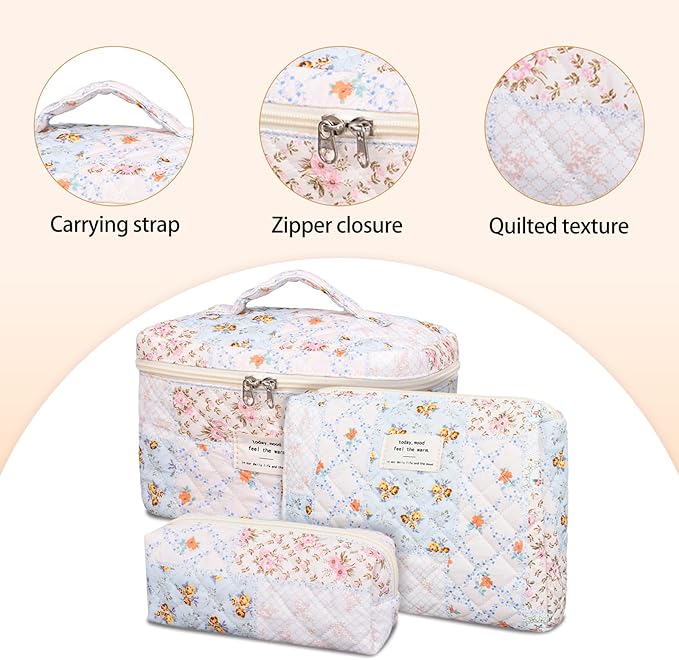 Quilted Makeup Bag,Large Cosmetics Bag Set,Cotton Coquette Floral Make up Pouch,Travel Toiletry Bag for Women