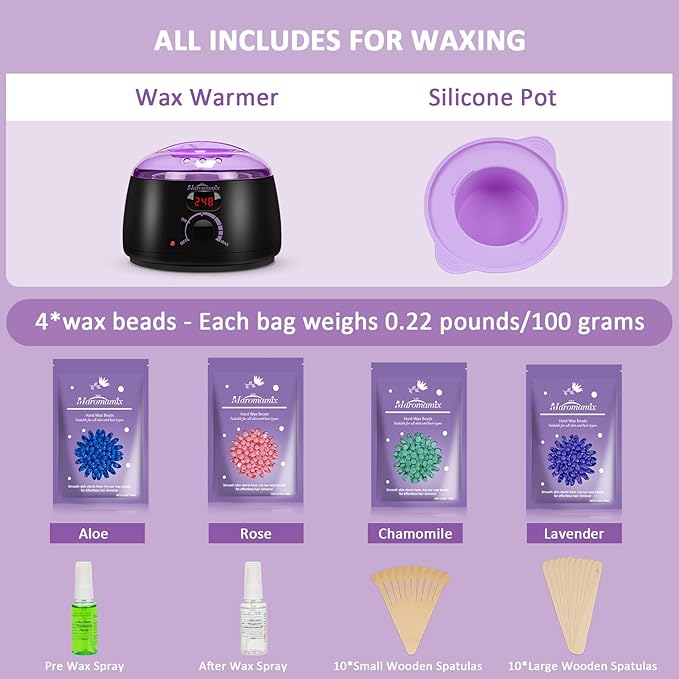Waxing Kit -Digital Wax Warmer Machine for Hair Removal with 4 Packs of Hard Wax Beads & Silicone Pot for Full Body, Legs, Face, Eyebrows, Bikini, Brazilian at Home Waxing Kit for Women Men
