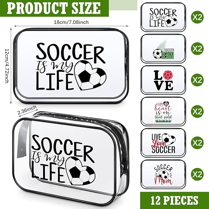 Abbylike 12 Pcs 7 x 4.7 x 2.4'' Soccer Theme Cosmetic Bag Soccer Gifts Accessories for Makeup Clear PVC Soccer Case Toiletry Zipper Pouch for Women Travel Vacation