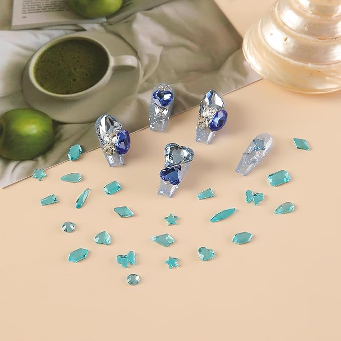 Nail Art Rhinestones 12 Kinds of 600 PCS + 6600 Pieces Flat Back Rhinestones Mixed Different Size Flat Back Rhinestones Crystals 3D Decoration Flat Back Stones Gemstone Set for Nail Art DIY（lake blue）