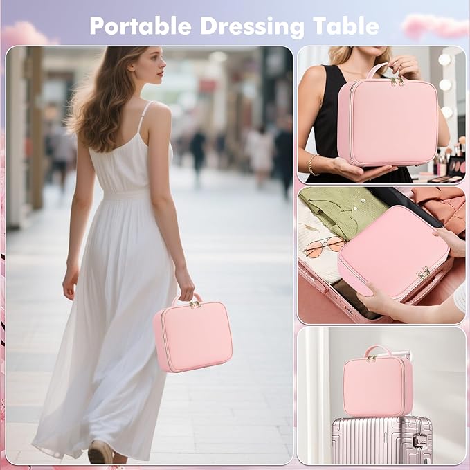 Travel Makeup Bag with Removable Mirror and Light, LED Lighted Make up Train Case, Cosmetic Organizer with PU Leather, 3 Colors Dimming Light, Adjustable Dividers & Brush Storage Board, Gift for Women