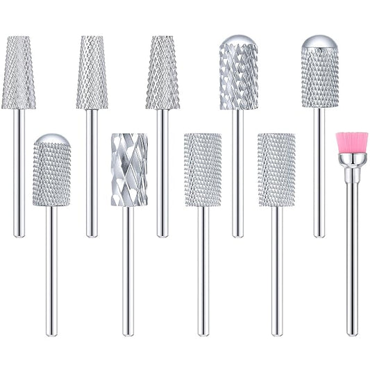 Honoson 10 Pcs Nail Drill Bits Set, 3/32 Inch Tungsten Carbide Bits for Nail Tech, File Remove Acrylic Gel Polish, Manicure Pedicure Tools for Salon Home Supplies(Silver)