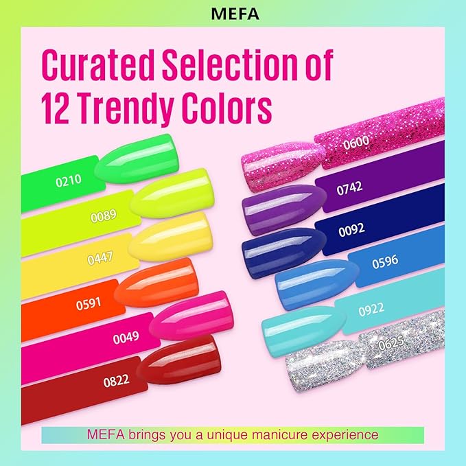 MEFA Neon Gel Nail Polish Set, 12 Colors Gel Nail Set Green Glitter Pink Blue Yellow Purple Red Soak Off Nail Gifts for Women Girl DIY Salon Home Manicure Spring Summer