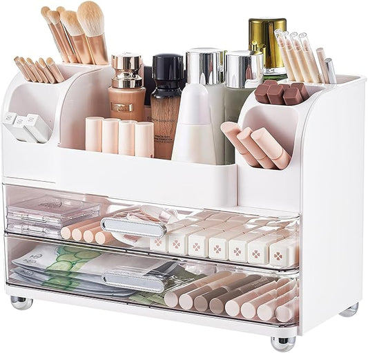 Makeup Organizer for Vanity with 2 Large Drawers, Cosmetic Display Case with Brush Holders, Easy to Storage for Bathroom Countertop Skincare, Desk Office Supplies, White