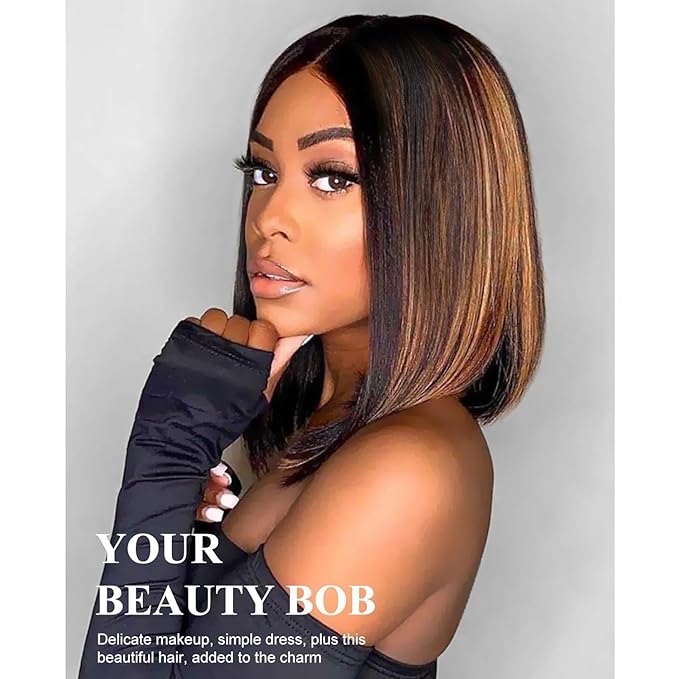 Arabella 5x6 Highlight Bob Wig Human Hair Real 210% Density 1B/30 Ready to Go Glueless Wig Straight Bob Wigs Human Hair Pre Cut Lace Pre Bleached Tiny Knots (10inch, 5x6 1B/30)