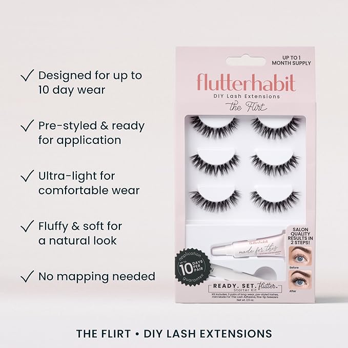 FlutterHabit Flirt Ready Set Starter Kit, DIY Eyelash Extensions, Lash Clusters for Women, Professional Quality At Home Eyelash Extension Kit, Natural False Lashes, 3 Lash Sets, Lash Glue Included