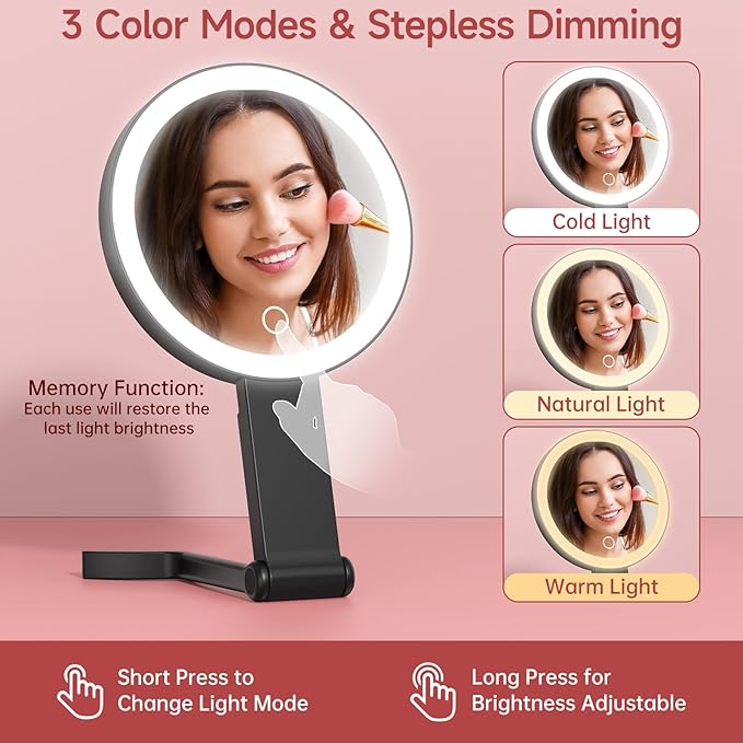Alovely Travel Makeup Mirror with Lights, Portable Mirror 2-Sided 10X /1X Magnifying Mirror with Light, Travel Mirror with Lights and Magnification, 3 Color Lighting, Dimmable Touch Screen Handhold