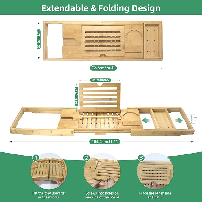 Bathtub Tray, Foldable Bath Tray for tub, Bamboo Bathtub Trays for tub, Luxurious Bath Accessories with Wine, Book & Tablet Holder - Expandable Size Fits Most Tubs - Wedding Gifts