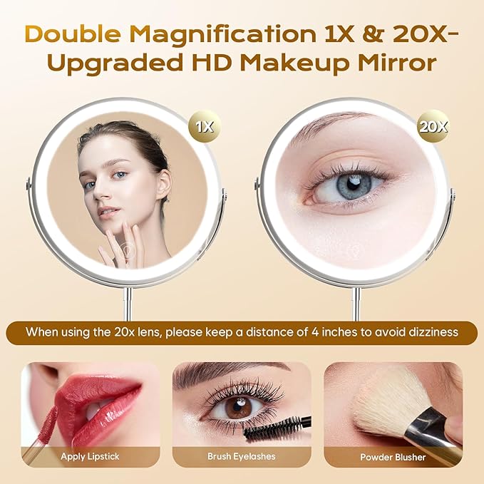 9" Makeup Mirror with Lights, 1x/20x360° Rotation Vanity Mirror, 5000mAh Rechargeable Double Sided Mirror with 3 Colors, Brightness Adjustable Lighted Makeup Mirror with Magnification, Women Gift