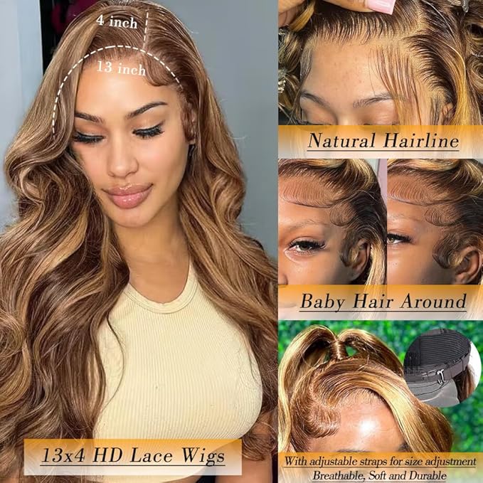 Azkiu Highlight Ombre Lace Front Wig Human Hair 13x4 HD 4/27 Honey Blonde lace frontal Wigs Pre Plucked with Baby Hair150% Density Colored Body Wave Lace Front wig Human Hair Natural Hairline 26Inch
