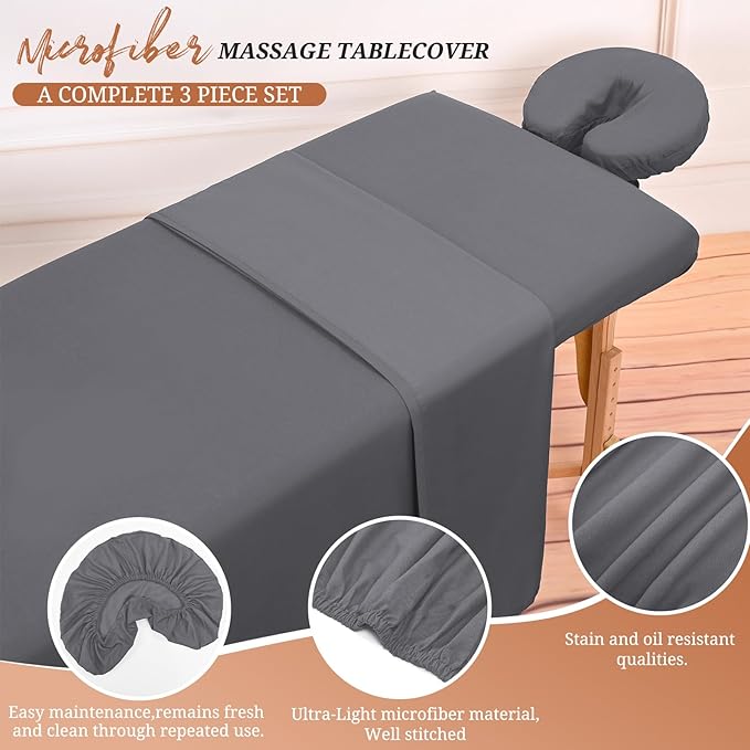 18Pcs 6 Sets Massage Table Sheets Set 3 Piece Set Includes Massage Bed Sheets, Massage Bed Cover Massage Face Rest Cover, Spa Bed Cover Massage Sheets Sets for Beauty Salon and Home Spa (Dark Grey)