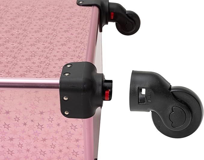 4 in 1 Portable Traveling Aluminum Professional Makeup Trolley Cart with Multiple-Sized Compartments and Wheels (pink with star)