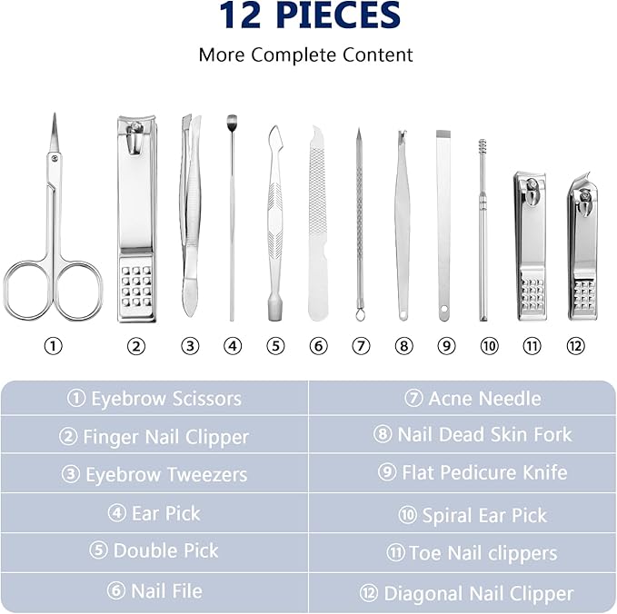 Geosar 12 Sets Manicure Set Nail Clippers Set Pedicure Kit 12 in 1 Stainless Steel Professional Grooming Kits Nail Care Tools with Travel Case for Men Women(Classic Style)