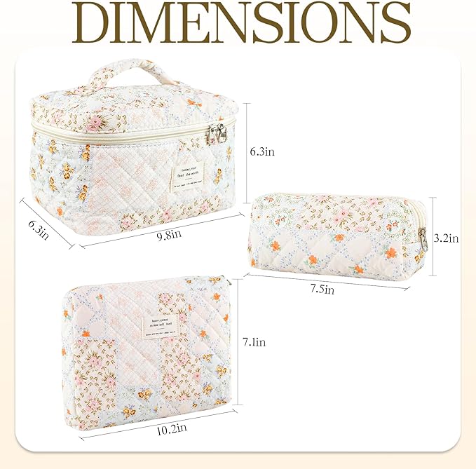 Makeup Bag, 3 PCS Quilted Makeup Bag, Cute Floral Cotton Cosmetic Bag set, Coquette Makeup Pouch Large Travel Toiletry Bag