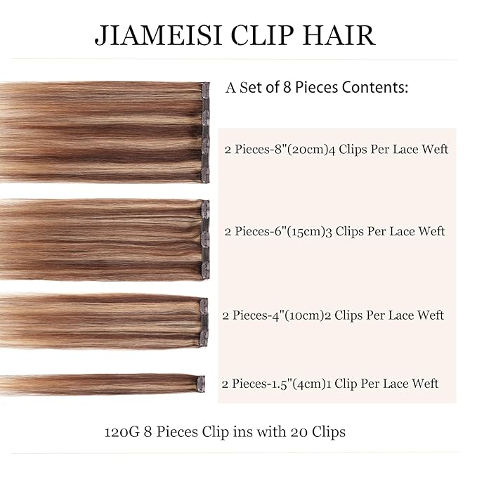 Clip in Human Hair Extensions,120g 8pcs Lace Clip in Real Human Hair Extensions Straight 4/27 Balayage Strawberry Blonde to Medium Brown 14inch