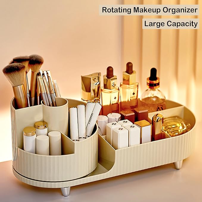 360° Rotating Vanity Makeup Organizer with Brush Holder, Large Spinning Cosmetic Storage for Skincare, Perfumes and Lotions